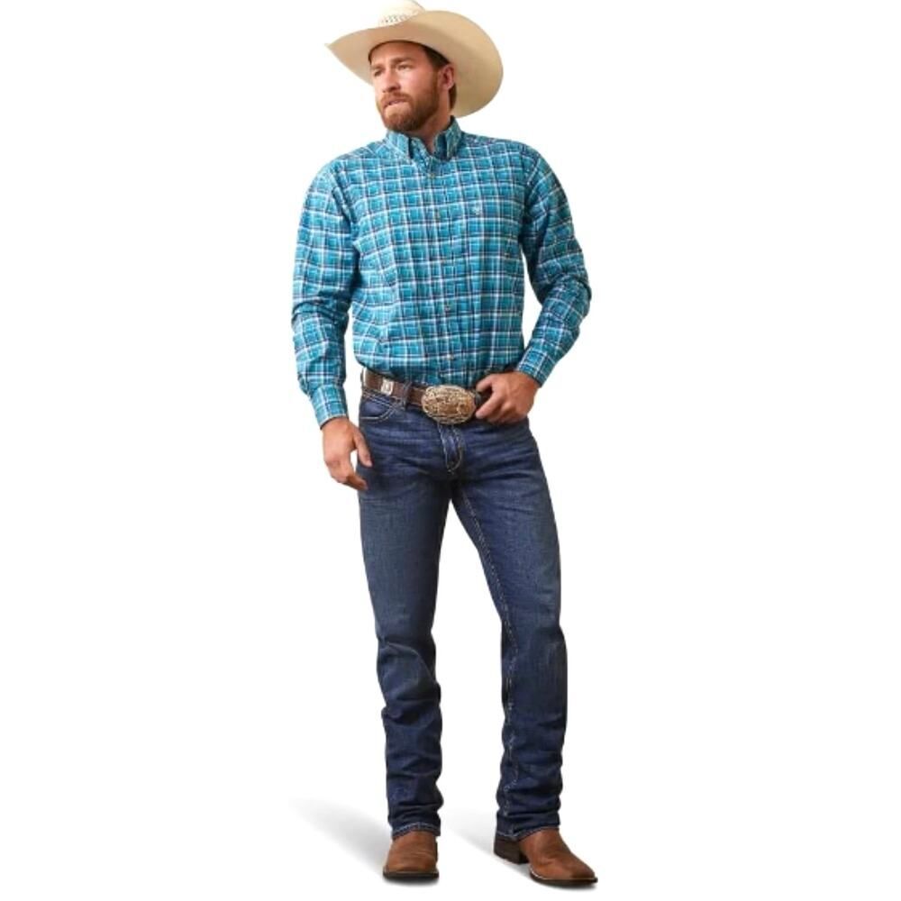 ARIAT Pro Series Long Sleeve Button Down Shirt XXL Aqua Plaid Western Cowboy EUC